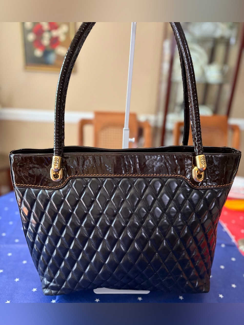 Gorgeous Quilted Marino Orlandi Bag w/ Oxblood Patent Trim & Gold Hardware - EUC
